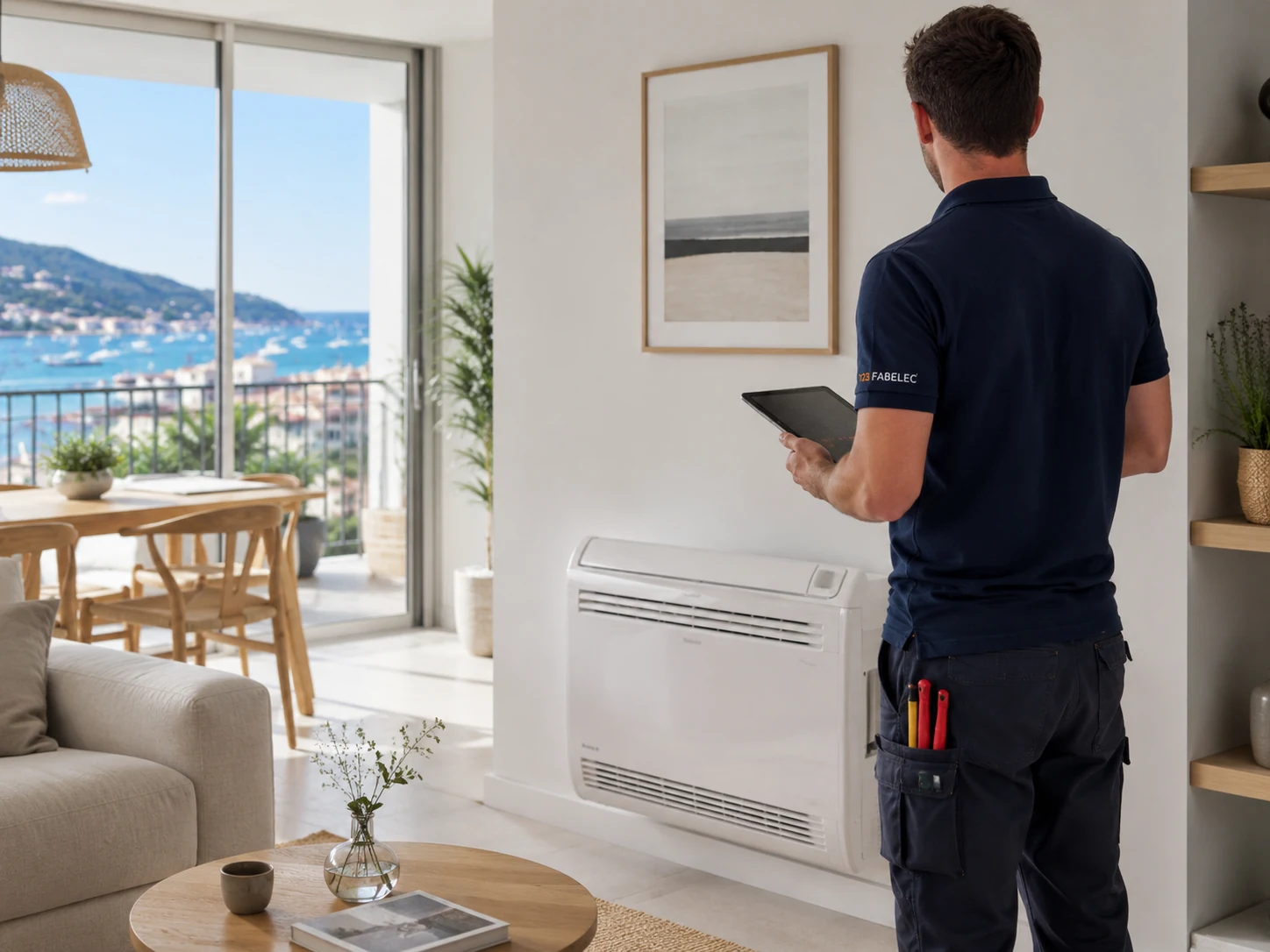 Installateur de climatisation à La Seyne-sur-Mer vu de dos dans un appartement lumineux