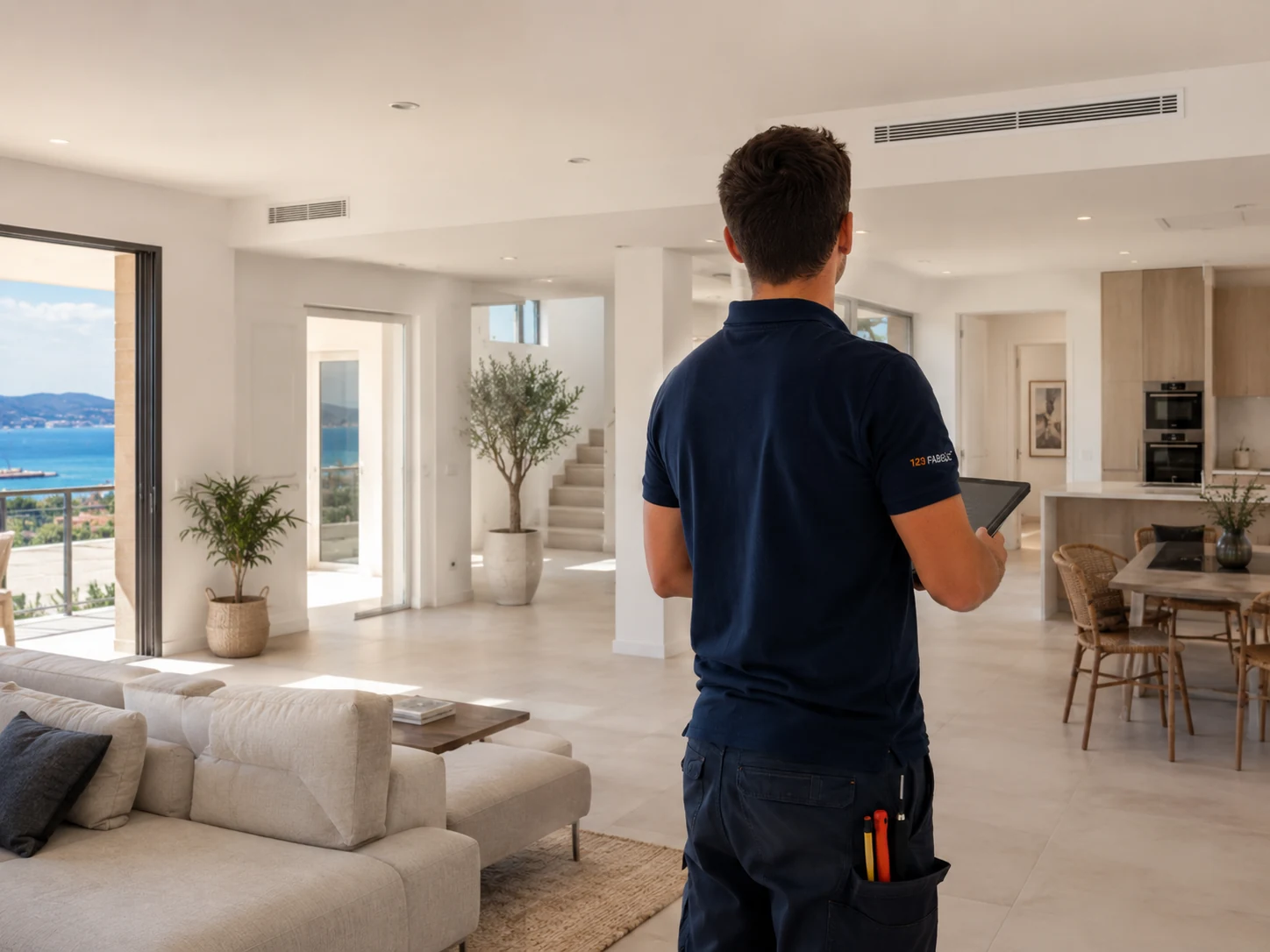 Installateur de climatisation à Six-Fours-les-Plages vu de dos dans une villa moderne