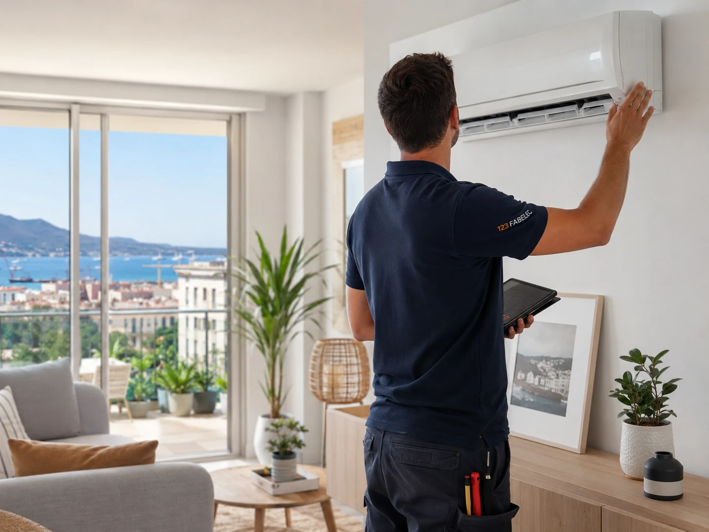 Installateur de climatisation à Toulon vu de dos pendant un contrôle de climatiseur mural
