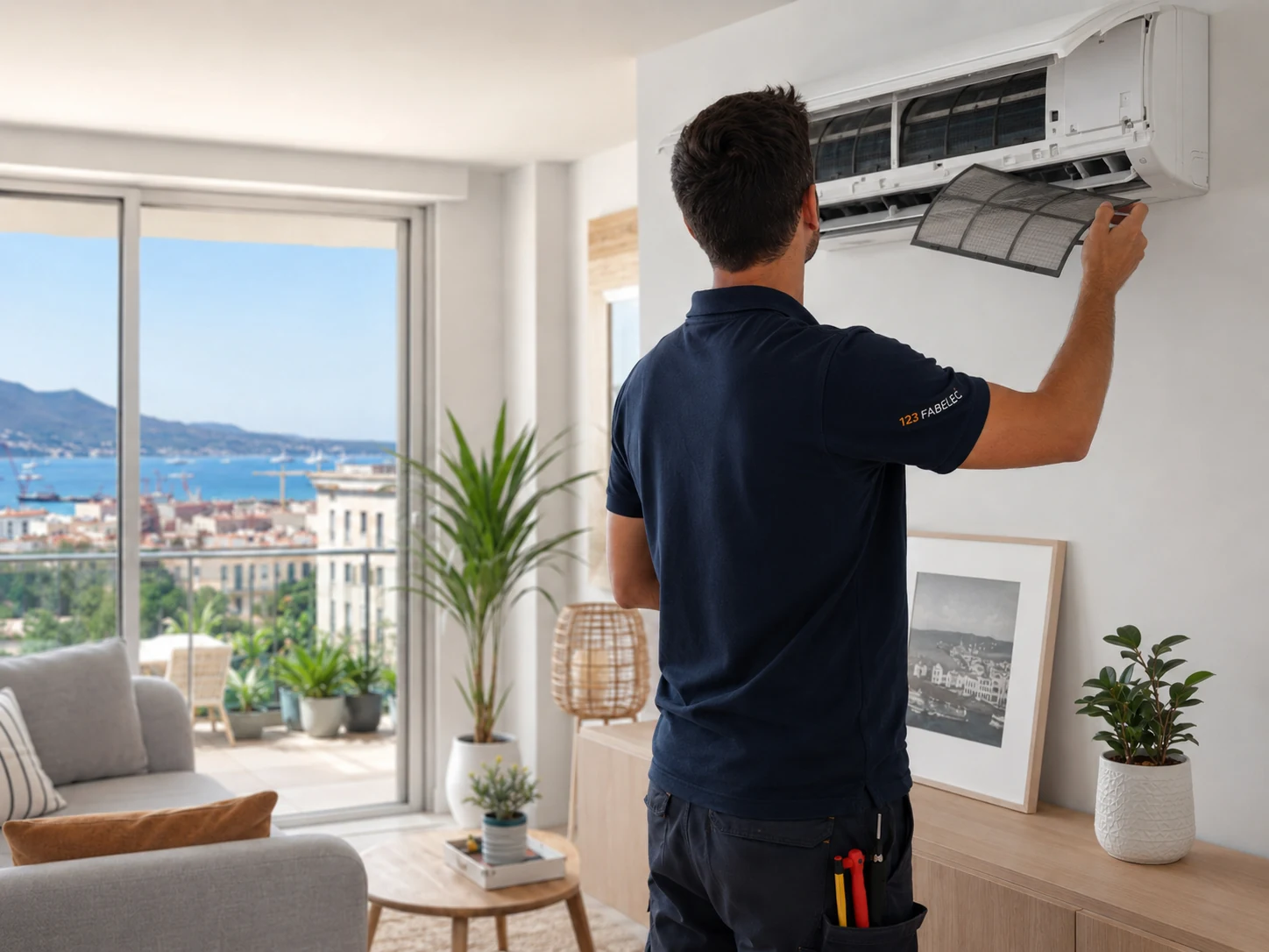 Entretien de climatisation à Toulon par un technicien de dos sans visage visible