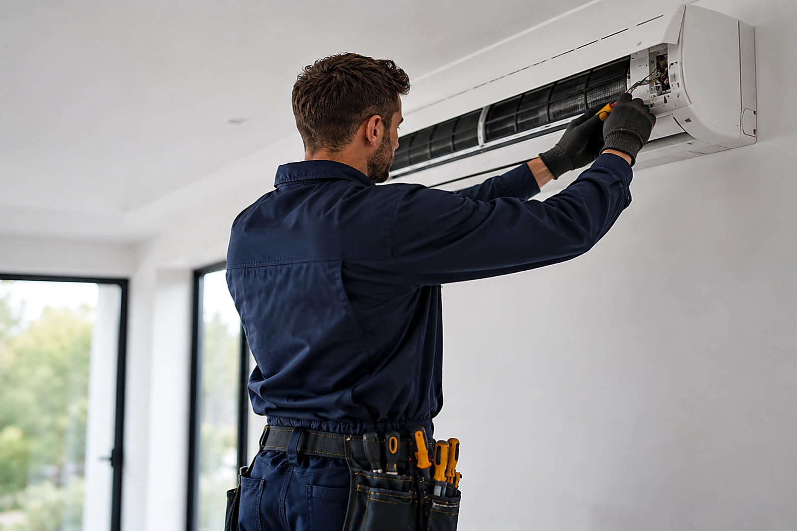 Installation de climatisation sur le Var par un technicien vu de dos